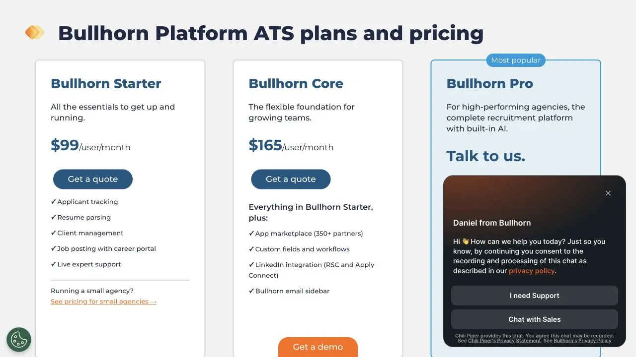 Bullhorn Starter, Core and Pro pricing cards showing public entry prices and custom Pro pricing
