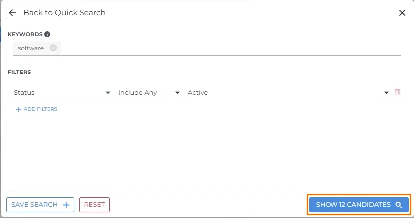 Bullhorn advanced candidate search with keywords, filters, saved search and candidate count