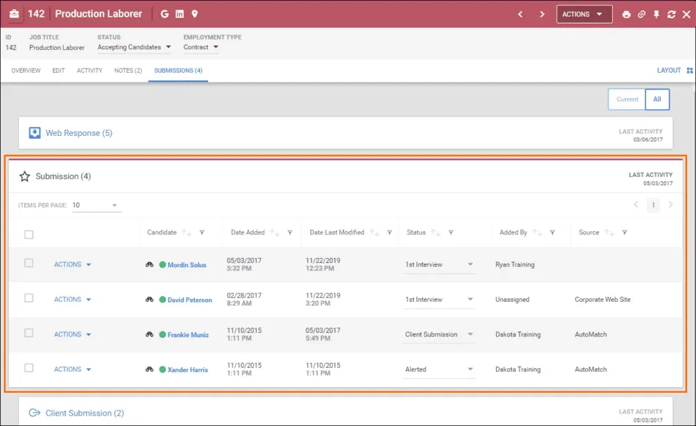 Bullhorn job submissions interface shown in Atlas's 2024 hands-on review