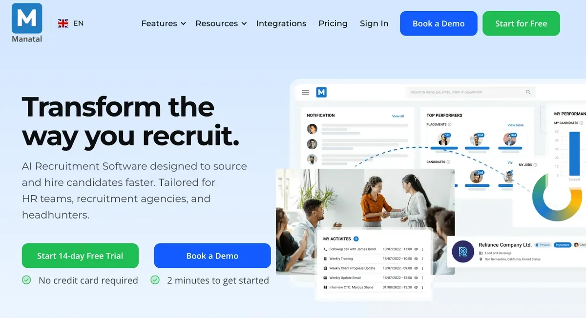 Logiciel de recrutement IA de Manatal avec interface de tableau de bord