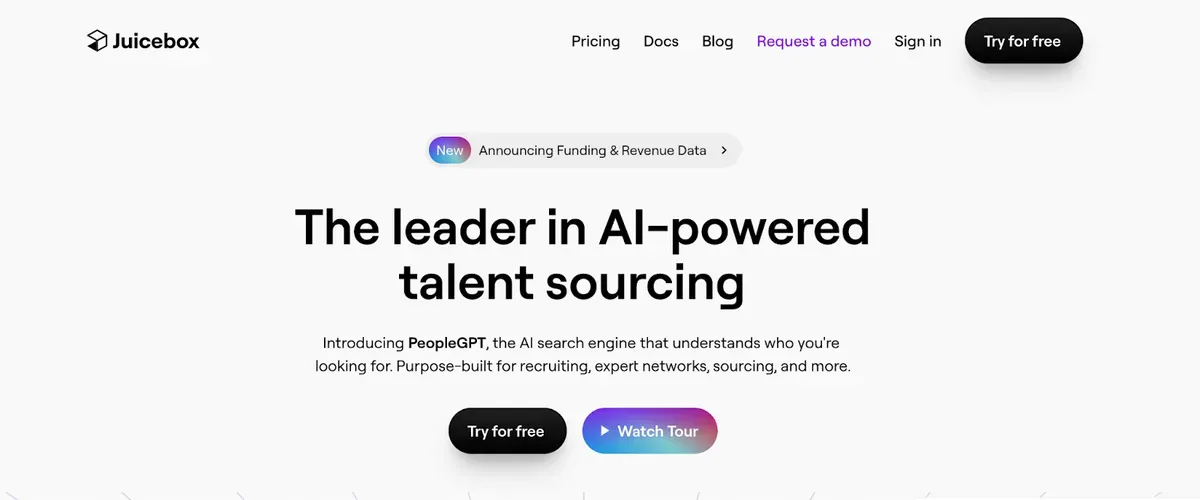 Page d'accueil de Juicebox présentant PeopleGPT, moteur de recherche IA