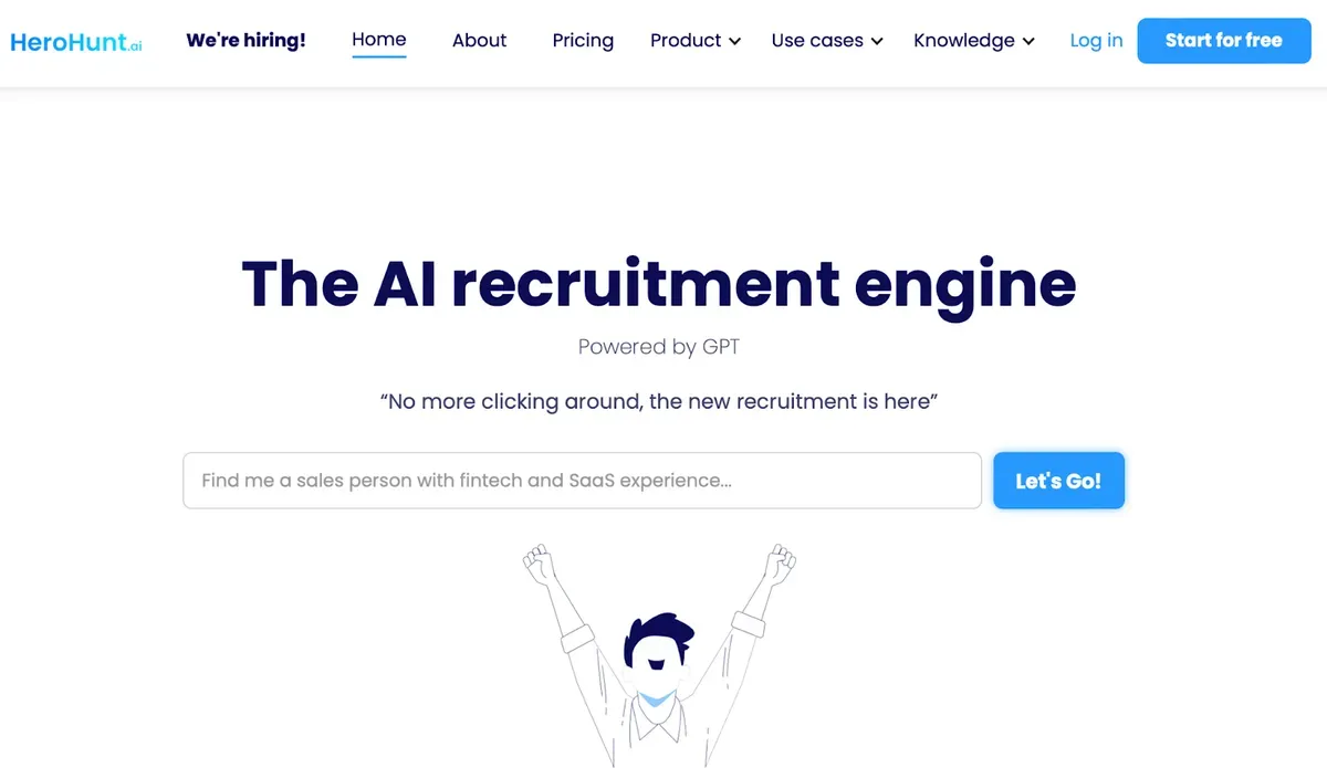 Moteur de recrutement IA avec barre de recherche et personnage motivé