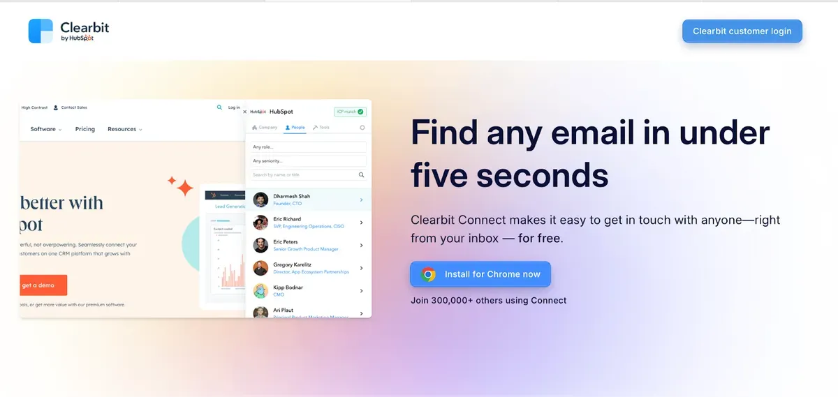 Clearbit Connect-Webseite mit schneller E-Mail-Suche und Kontaktentdeckung