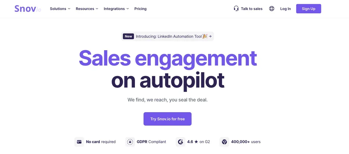 Snov.io-Homepage mit Sales-Engagement-Automatisierungsplattform