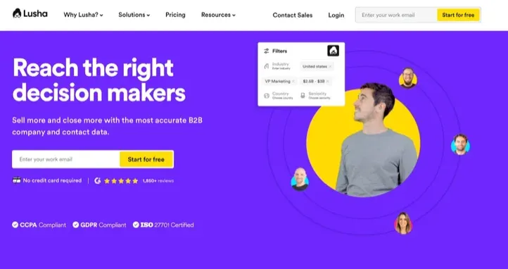 Lusha B2B-Datenplattform-Homepage mit Filteroptionen und Kontaktprofilen