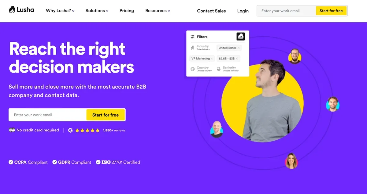 Lusha B2B-Datenplattform-Homepage mit Filteroptionen und Kontaktprofilen