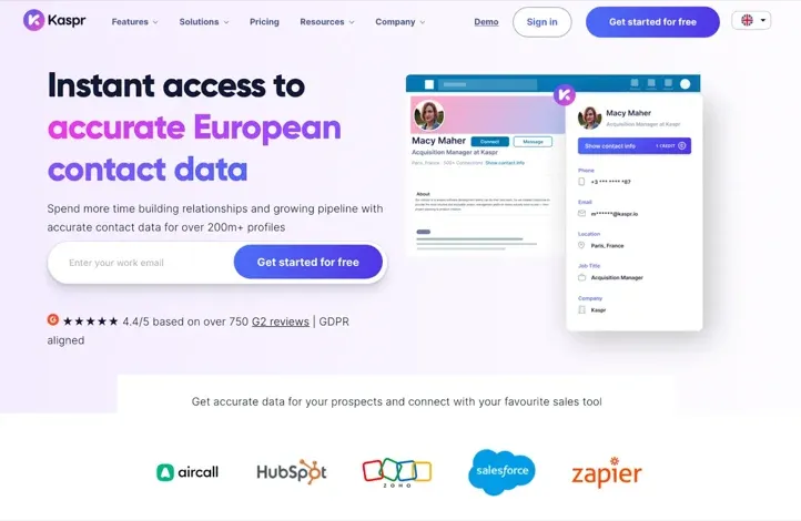 Kaspr-Website mit europäischem Kontaktdatenzugang und Profilvorschau