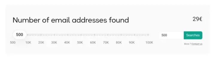 E-Mail-Such-Oberfläche mit 500 gefundenen Adressen zum Preis von 29 €