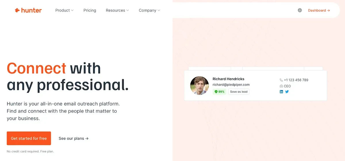 Hunter-Homepage mit E-Mail-Ansprache-Plattform und professioneller Kontaktkarte