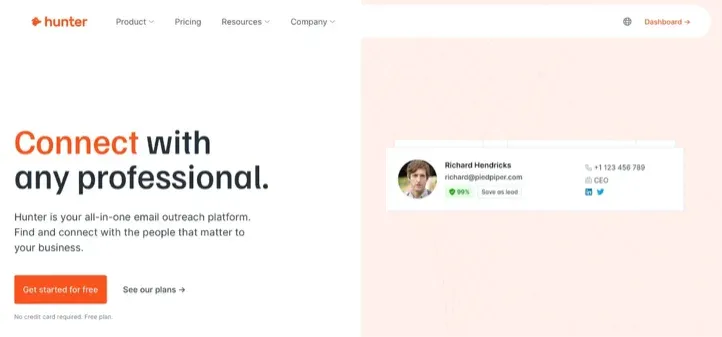 Hunter-Homepage mit E-Mail-Ansprache-Plattform und professioneller Kontaktkarte
