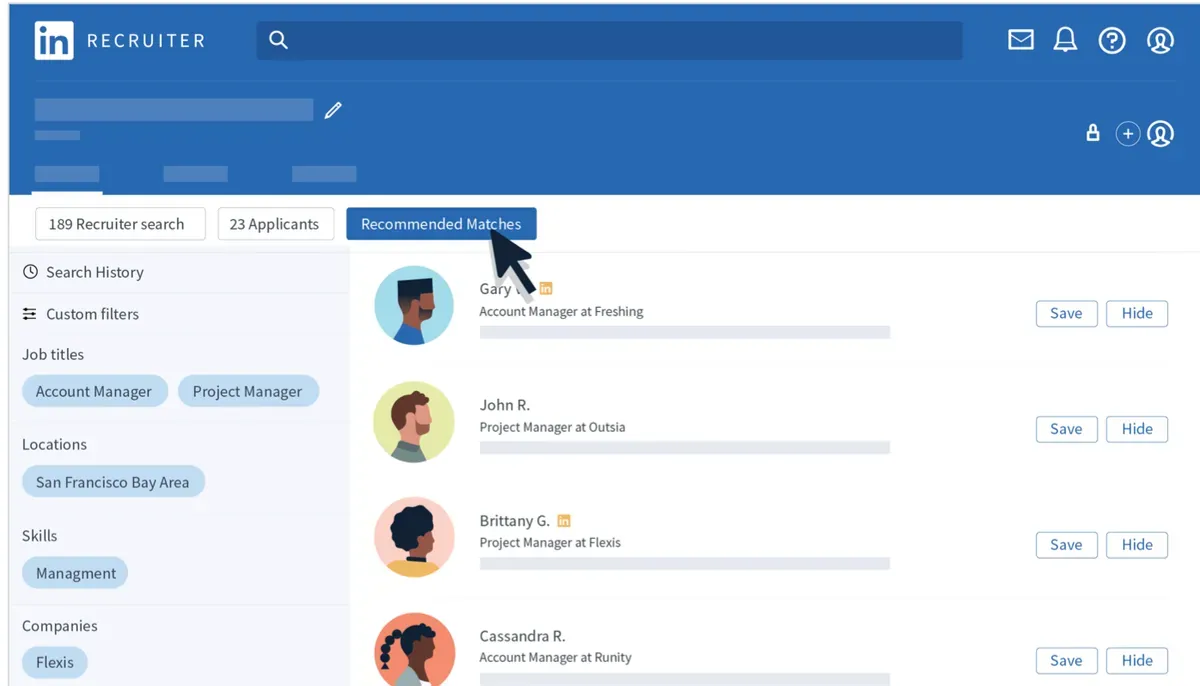 Interface LinkedIn Recruiter avec des candidats recommandés pour la recherche