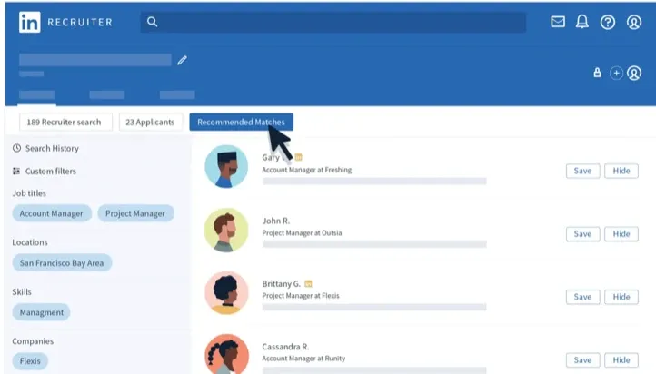 Interface LinkedIn Recruiter avec des candidats recommandés pour la recherche