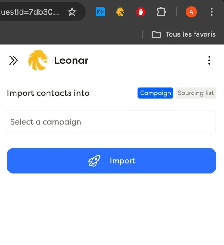 Leonar-Kontakt-Import-Oberfläche mit Kampagnenauswahl und Import-Button