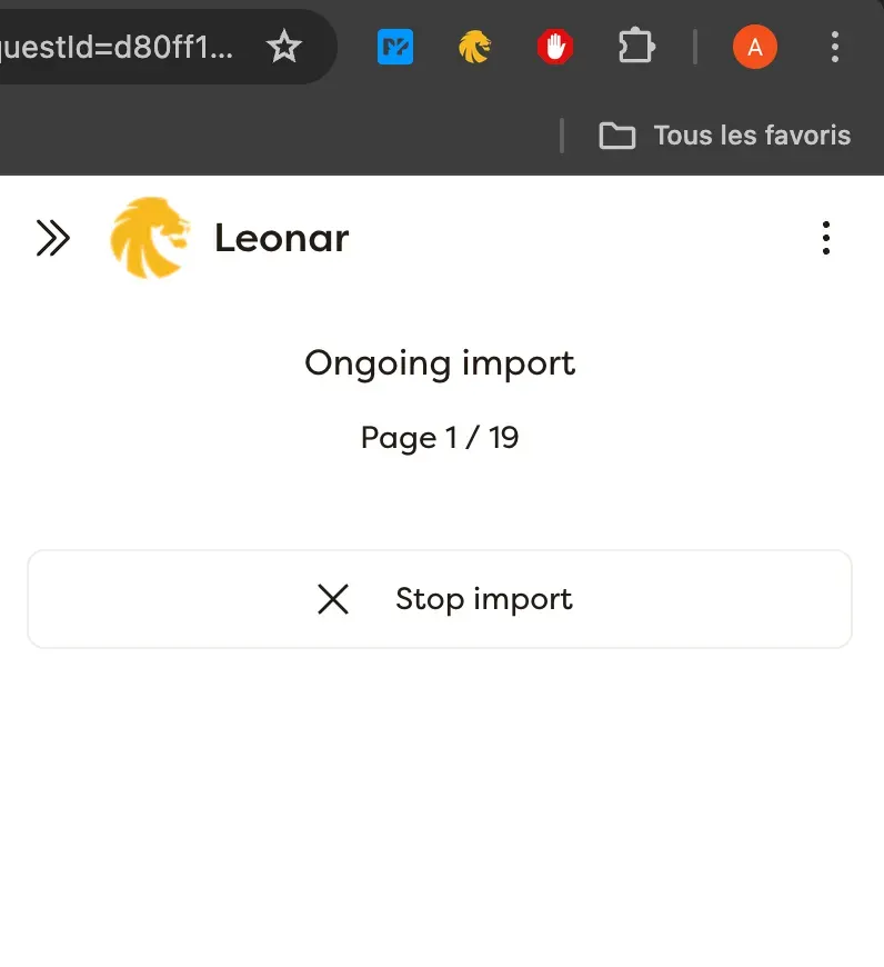 Écran d'importation de Leonar montrant la progression de la page 1 sur 19