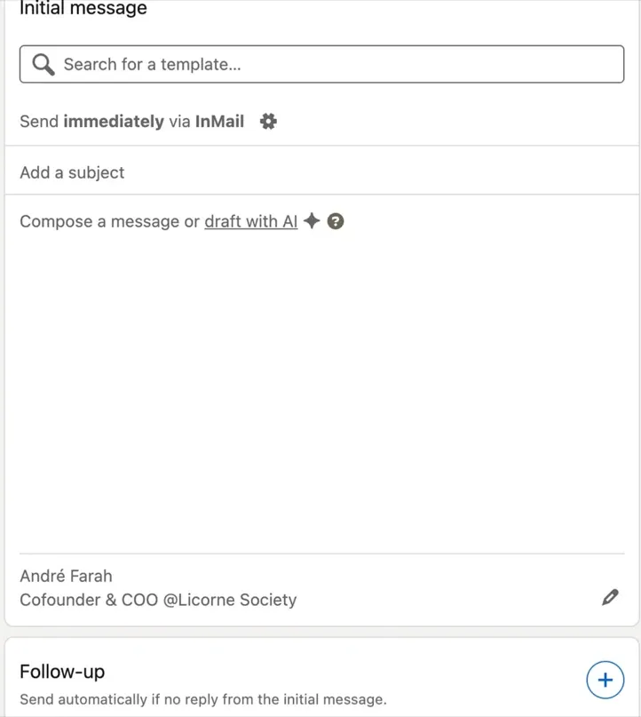 Email composition interface with search and AI draft options