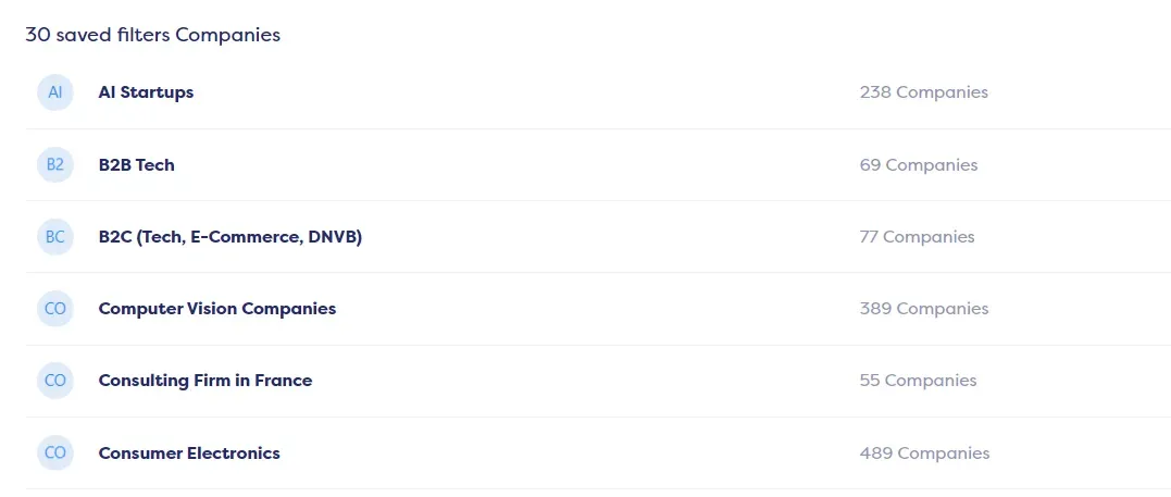 Liste de 30 filtres de sociétés technologiques par catégories et nombre