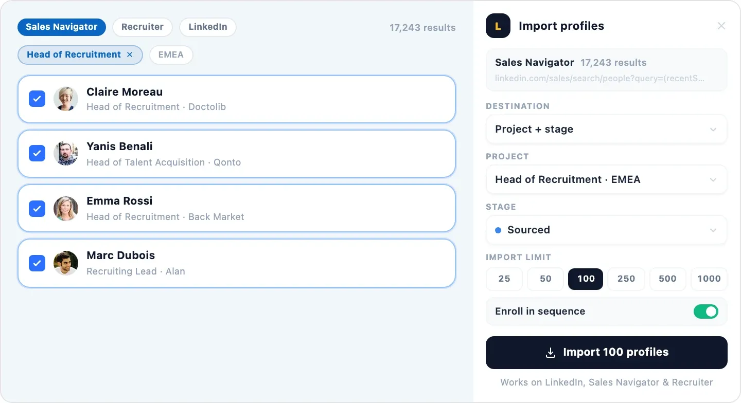 Leonar import panel on a LinkedIn search with project, stage and import limit selection
