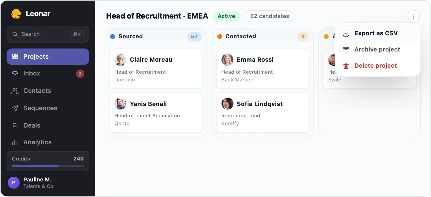 Export as CSV option in the More menu of a Leonar project board