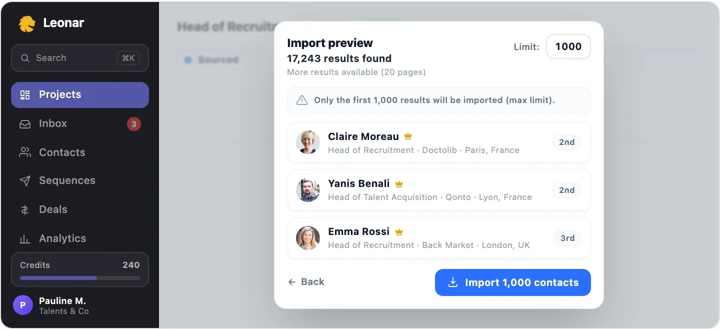 Leonar import preview showing 17,243 results found and the 1,000 profile import limit