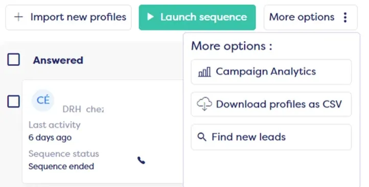 Interface de séquence de leads avec bouton de lancement et options supplémentaires
