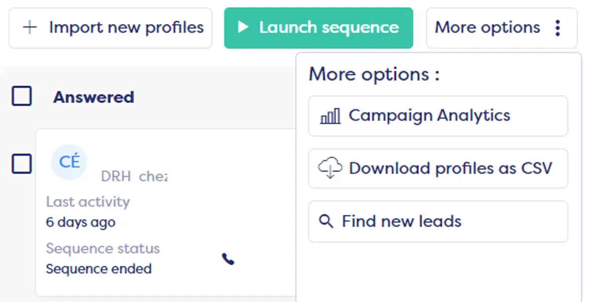 Interface de séquence de leads avec bouton de lancement et options supplémentaires