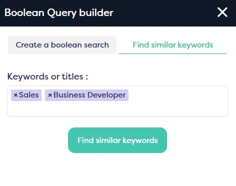 Boolean Query Builder-Oberfläche mit Sales- und Business-Developer-Schlüsselwörtern