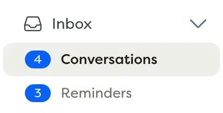 Inbox menu showing 4 conversations and 3 reminders