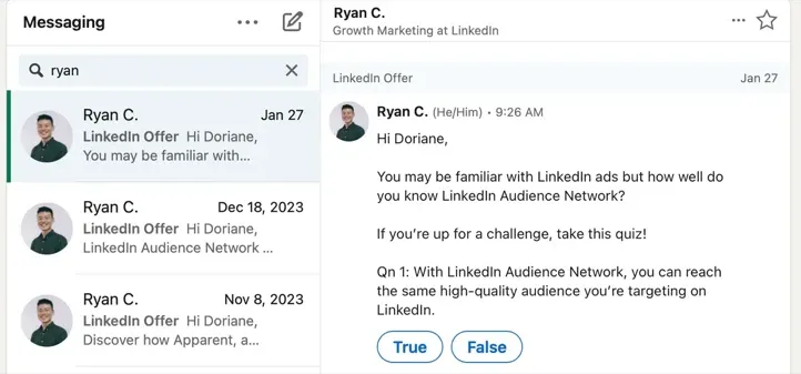 LinkedIn-InMail-Nachrichtenbeispiel im Posteingang eines Recruiters
