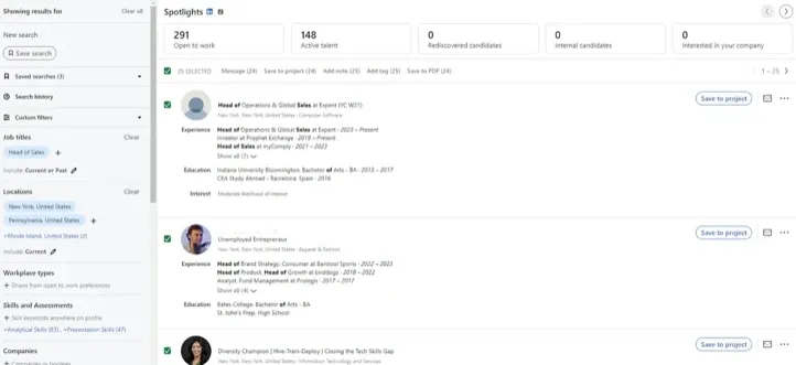 Interface de recherche de talents de LinkedIn avec profils professionnels