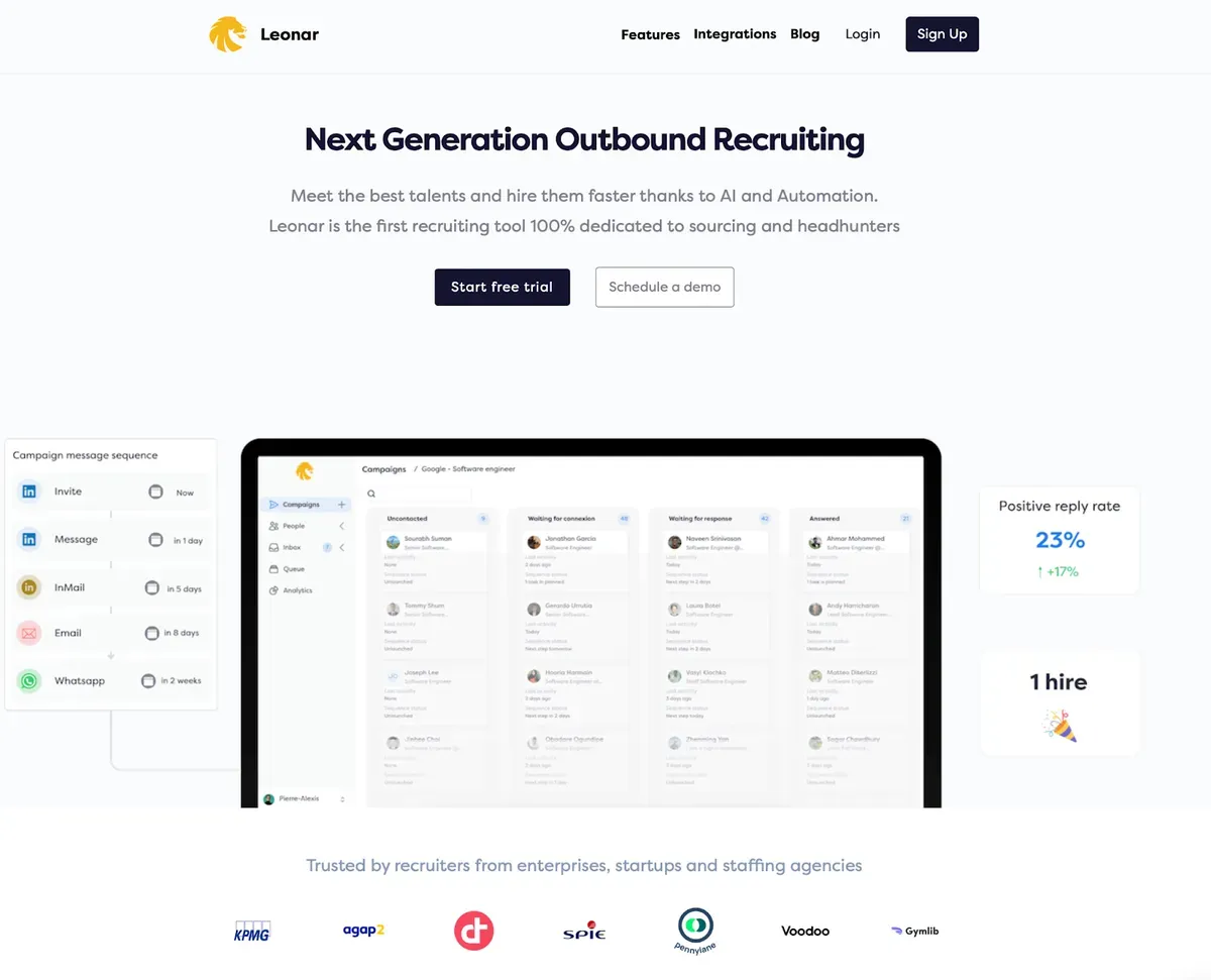 Interface de recrutement Leonar avec séquence de campagne et taux de réponse
