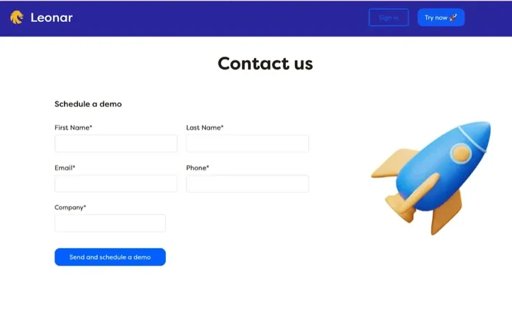Page de contact de Leonar avec formulaire de démonstration et fusée bleue