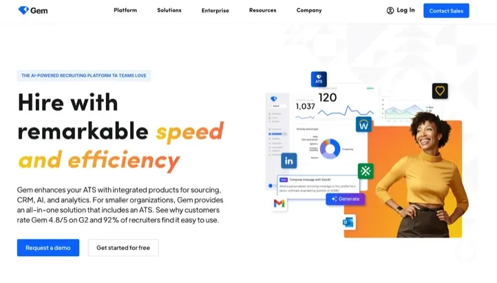Plateforme de recrutement IA de Gem avec interface et employée souriante