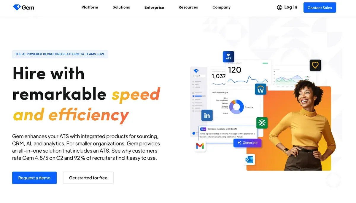 Plateforme de recrutement IA de Gem avec interface et employée souriante