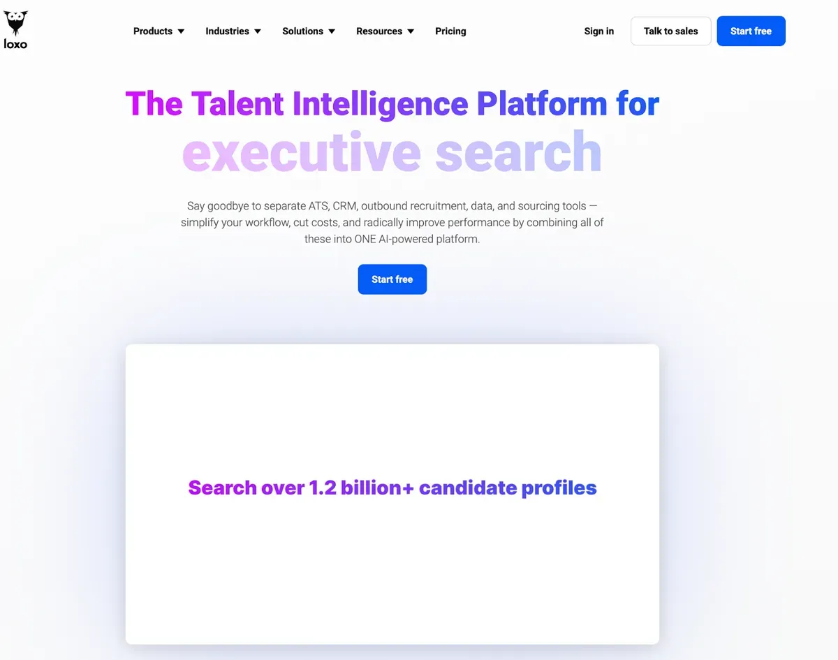Page d'accueil de Loxo, plateforme tierce de talent intelligence