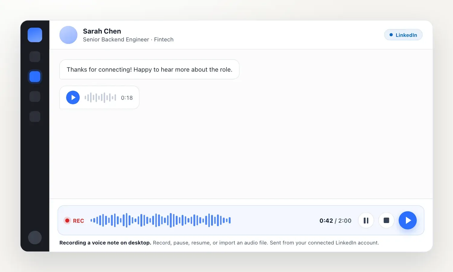 Leonar desktop inbox with the LinkedIn voice message recorder open, showing a waveform, pause and stop controls, and a timer at 0 minutes 42 seconds of a 2 minute limit