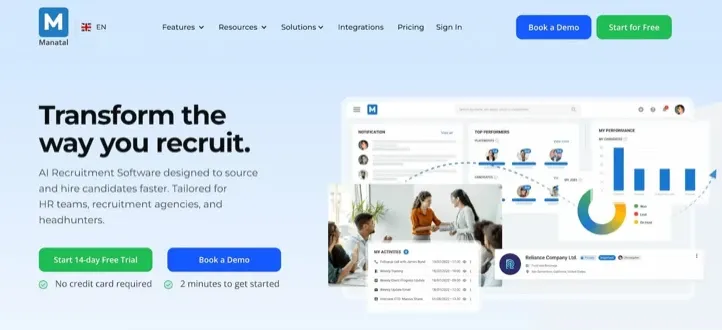 Manatal KI-Recruiting-Software-Dashboard mit Kandidatenmanagement-Funktionen