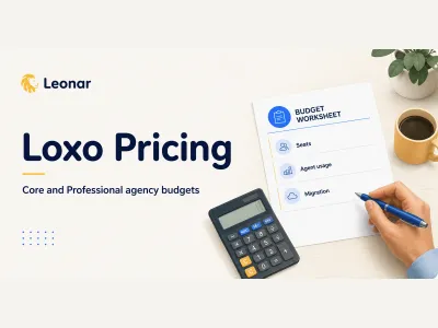 Loxo pricing cover with an agency budget worksheet, calculator and hand holding a pen