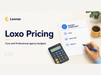 Loxo pricing cover with an agency budget worksheet, calculator and hand holding a pen