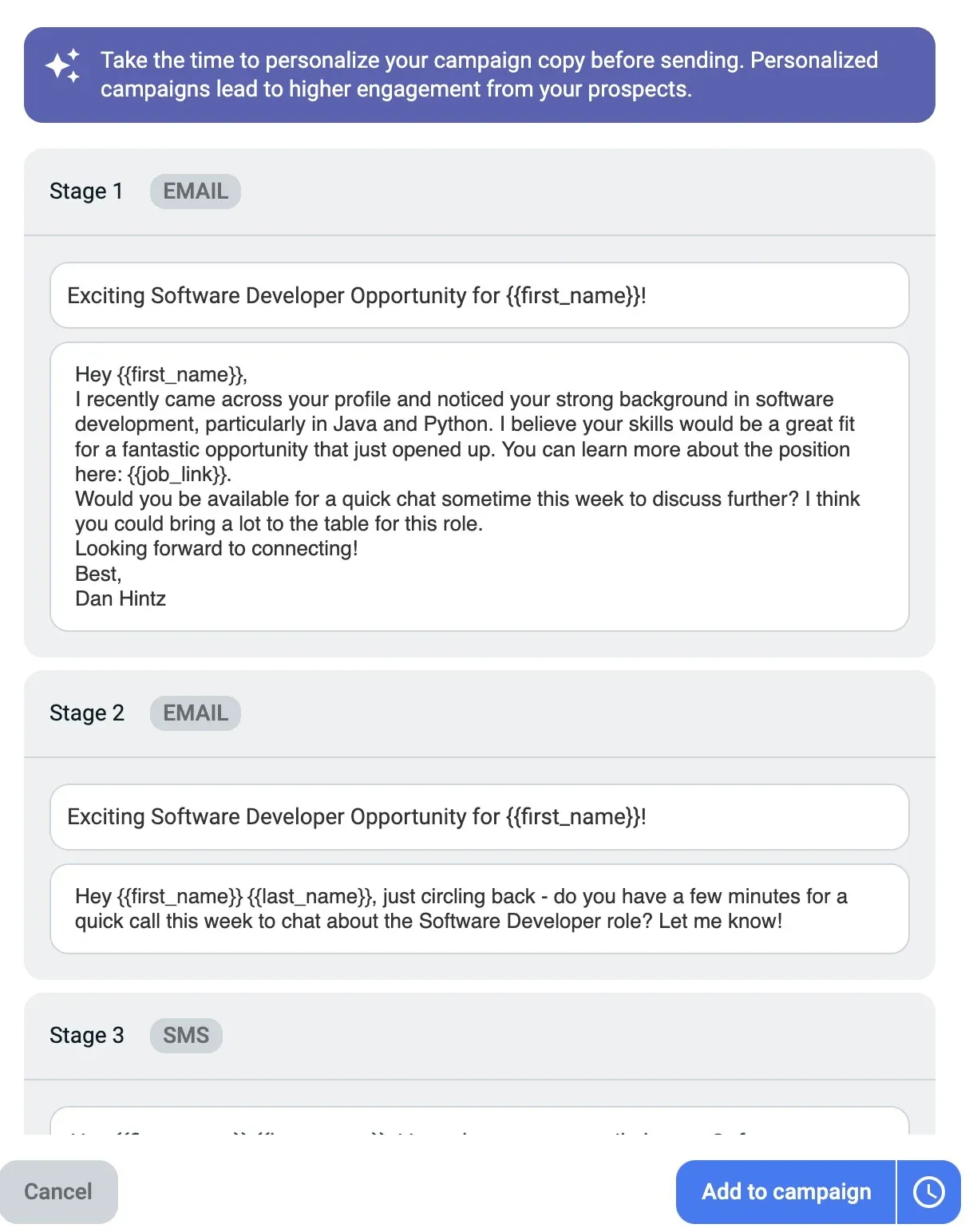 Loxo Outreach campaign preview with two email stages, an SMS stage and individual message personalization