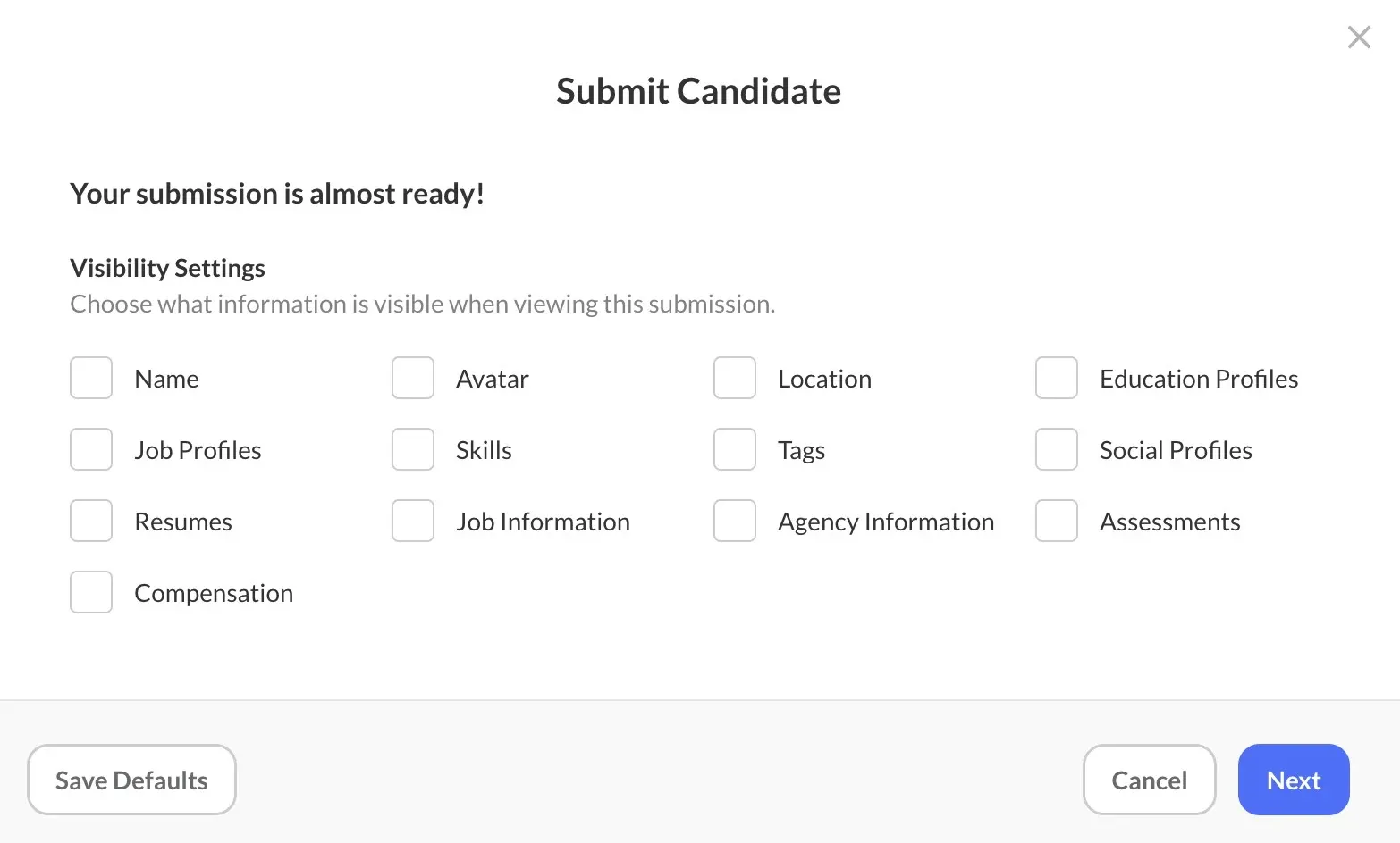 Loxo candidate submission screen with controls for choosing which profile details a client can view