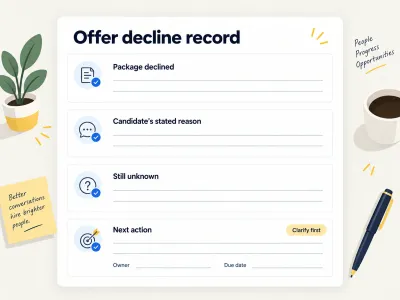 Offer decline recovery worksheet with fields for the package declined, candidate’s stated reason, unknowns, next action, owner and due date