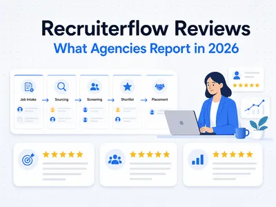 Recruiterflow reviews illustration showing an agency recruiter evaluating workflow and review signals