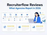 Recruiterflow reviews illustration showing an agency recruiter evaluating workflow and review signals