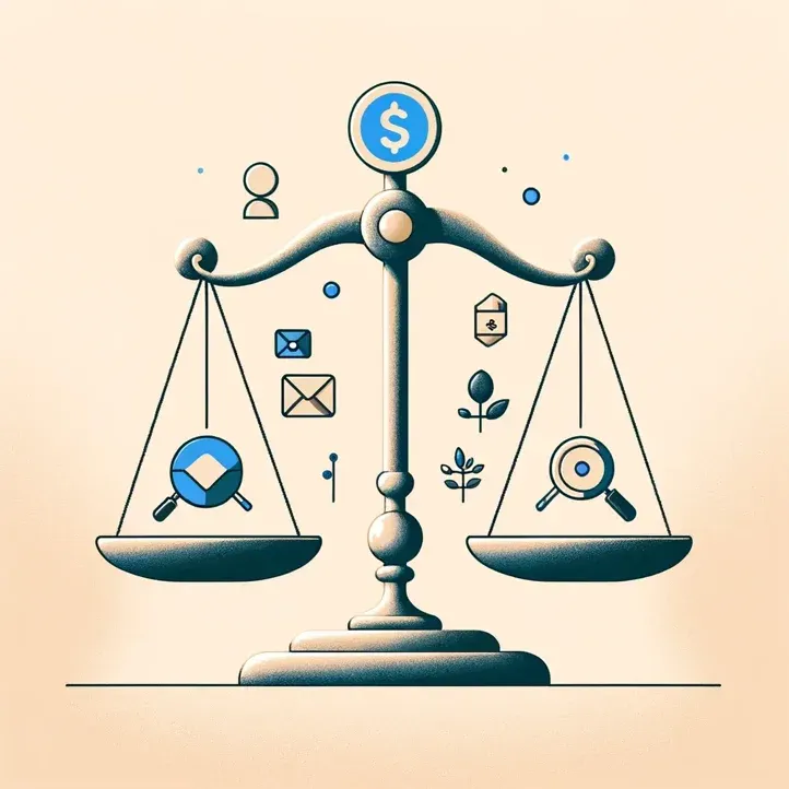 Balance-Waage mit Geld-, Kommunikations- und Wachstums-Icons