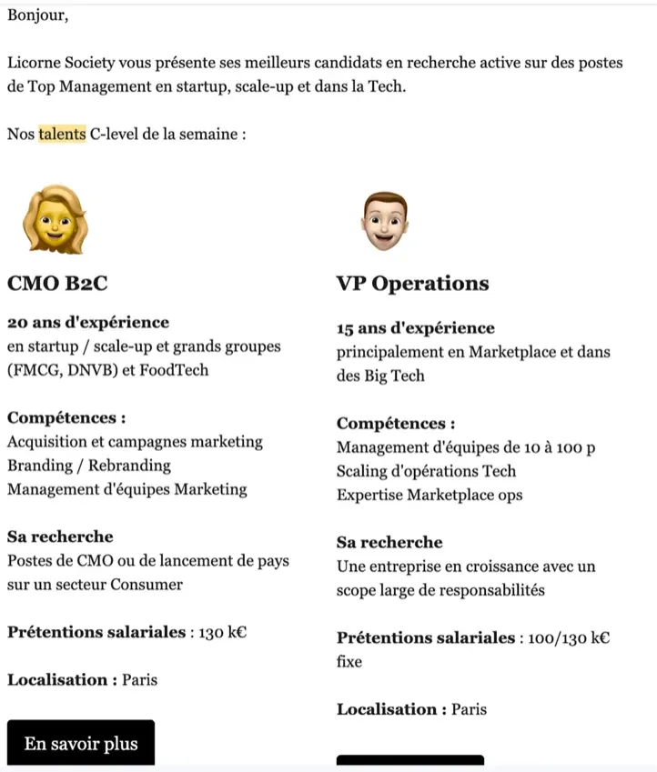 Profils de talents C-level de Licorne Society pour postes de management