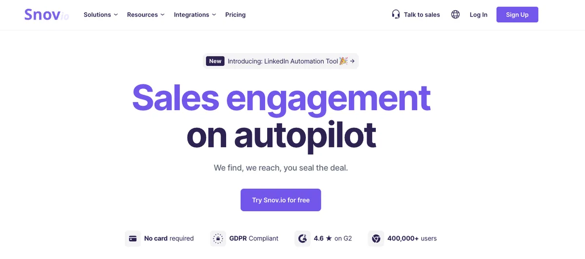 Snov.io homepage showcasing sales engagement automation platform
