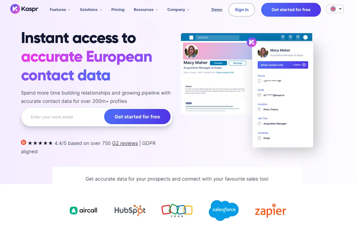 Kaspr website showcasing European contact data access with profile preview