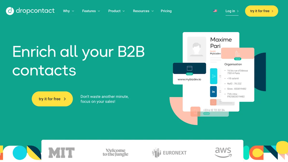 Dropcontact B2B contact enrichment platform with contact details interface