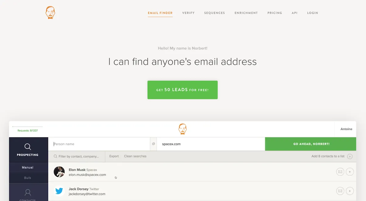 Interface de recherche d'e-mails avec option de prospection de contacts