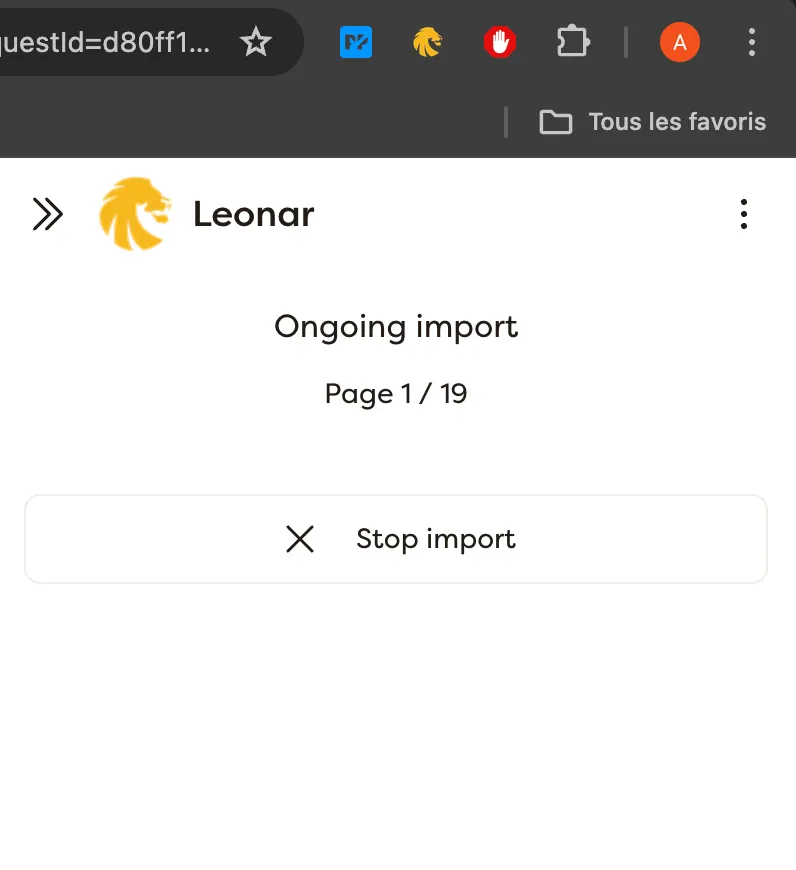 Écran d'importation de Leonar montrant la progression de la page 1 sur 19